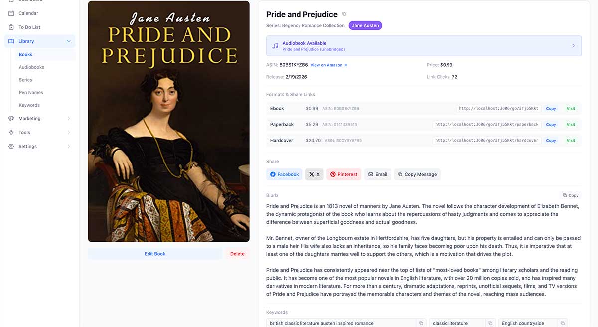 Book detail page showing cover art, metadata, formats, and keywords